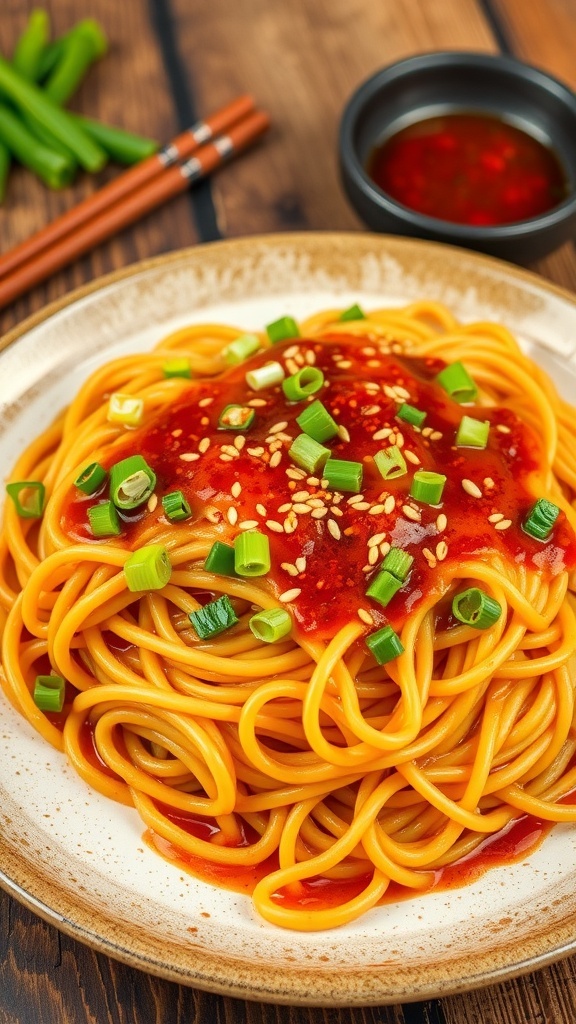 A plate of spicy garlic noodles garnished with green onions and sesame seeds, served with chopsticks and chili sauce.